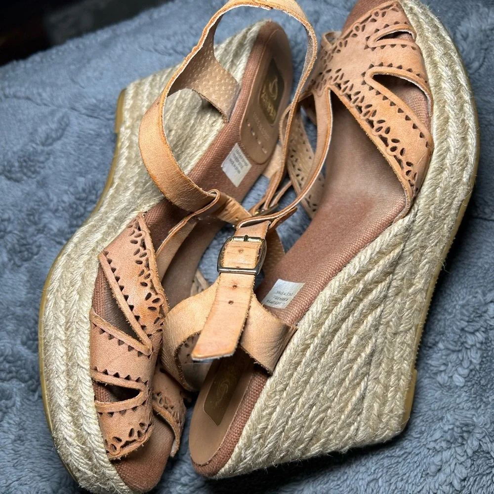 KANNA Women’s 39/8.5 T-Strap Slingback Espadrille Wedge spanish tooled Leather